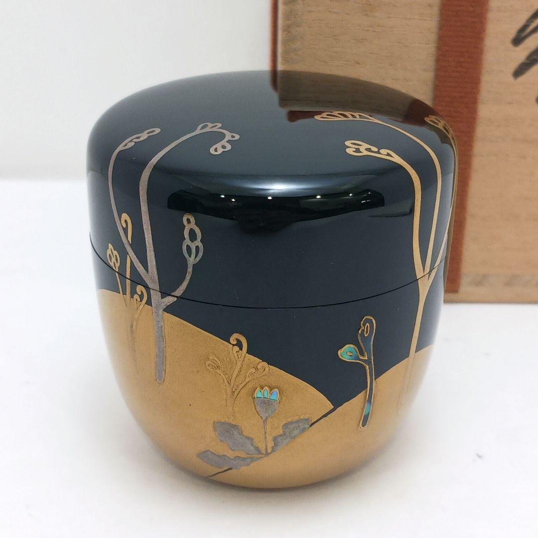 Y3031-5 茶道具 塗師 静峰作 金蒔絵 早蕨 棗 共箱　　ma　ち