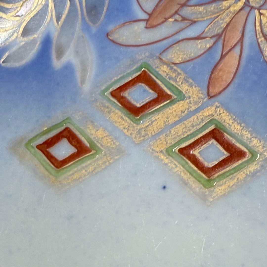 オールド深川製磁　明治時代　色絵菊文様三ツ鉢　深川ブルー　金彩　香蘭社