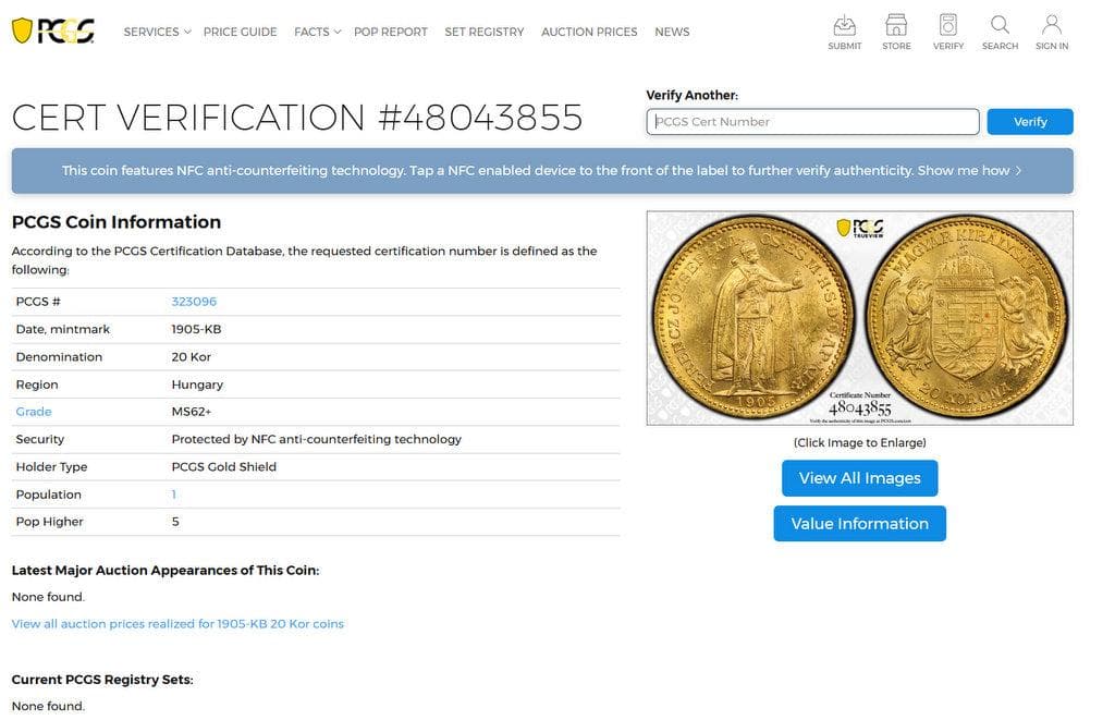 1905年 ハンガリー フランツ・ヨーゼフ 20コロナ金貨 PCGS MS62＋