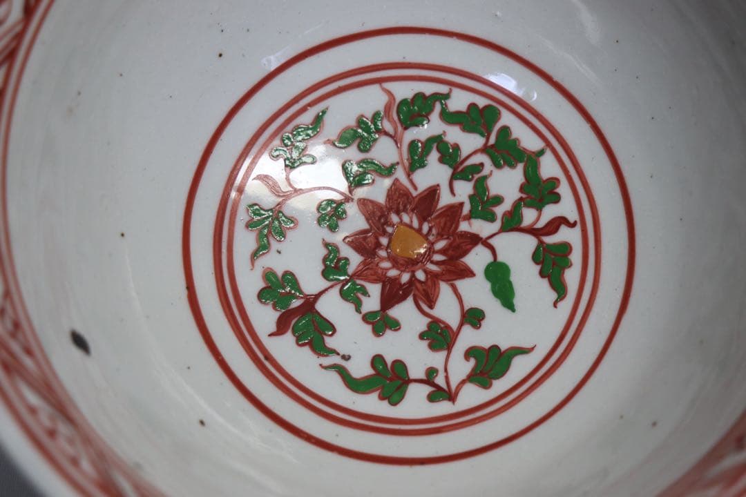 中国　紅緑彩花鳥紋碗　送料込み1025