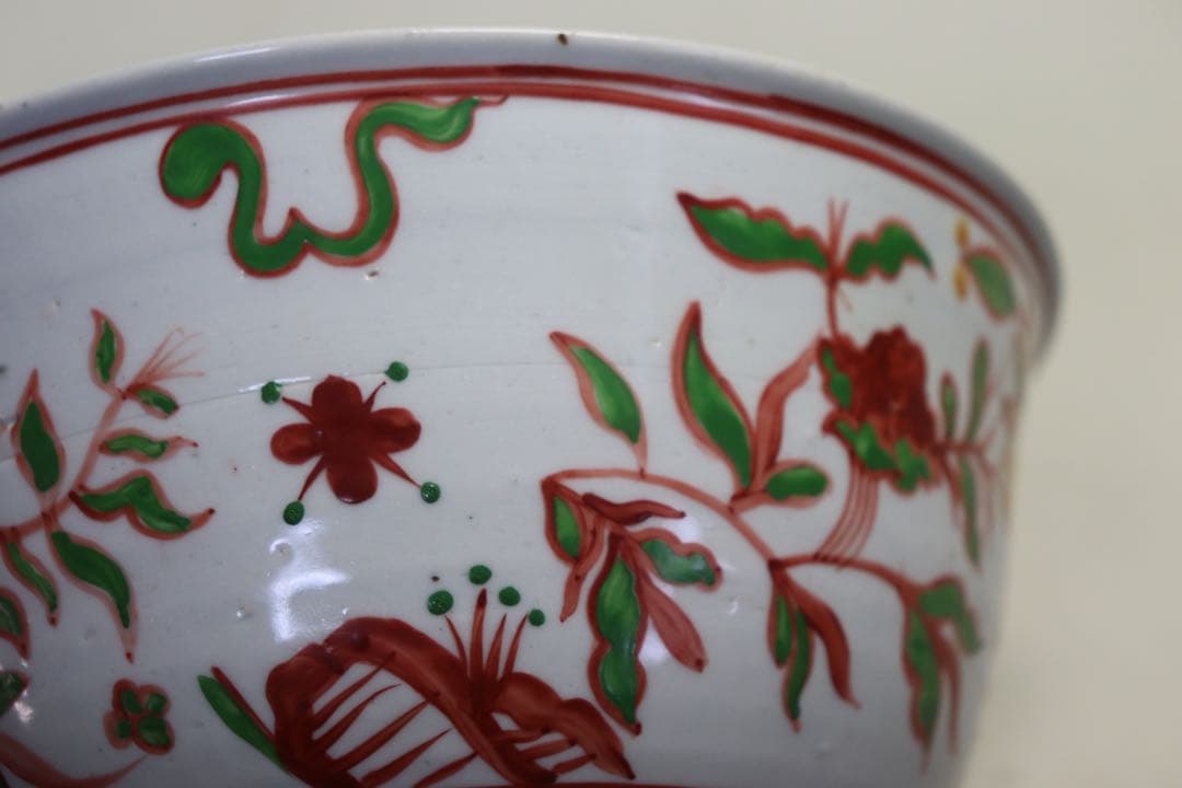 中国　紅緑彩花鳥紋碗　送料込み1025