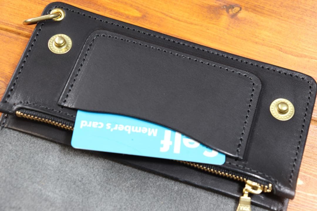 ロングトラッカーウォレット　真鍮　黒革　黒糸　栃木レザー