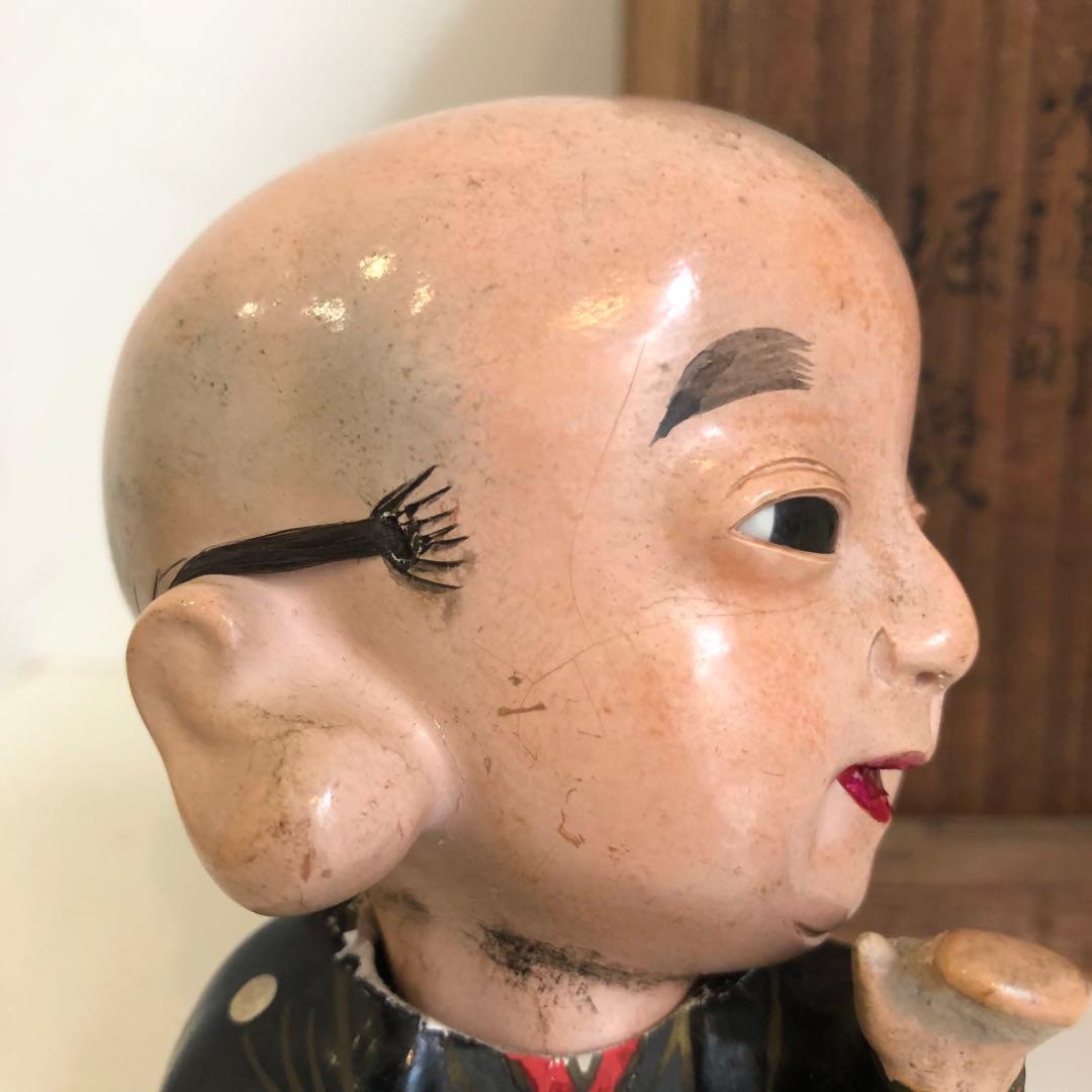 大正5年　福助人形　胡粉仕上げオープンマウス　骨董品　首動人形 インテリア　置物