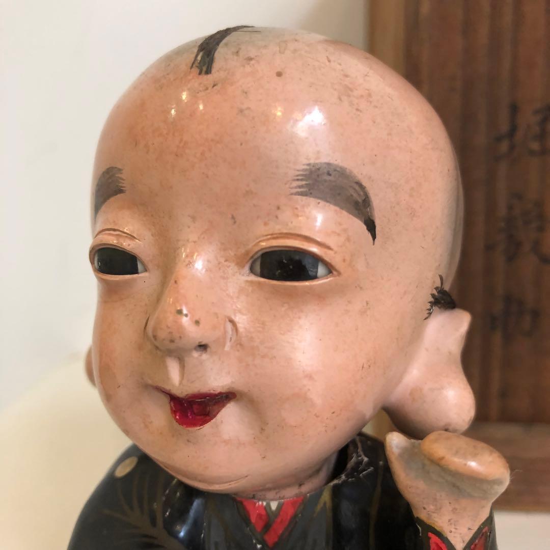 大正5年　福助人形　胡粉仕上げオープンマウス　骨董品　首動人形 インテリア　置物