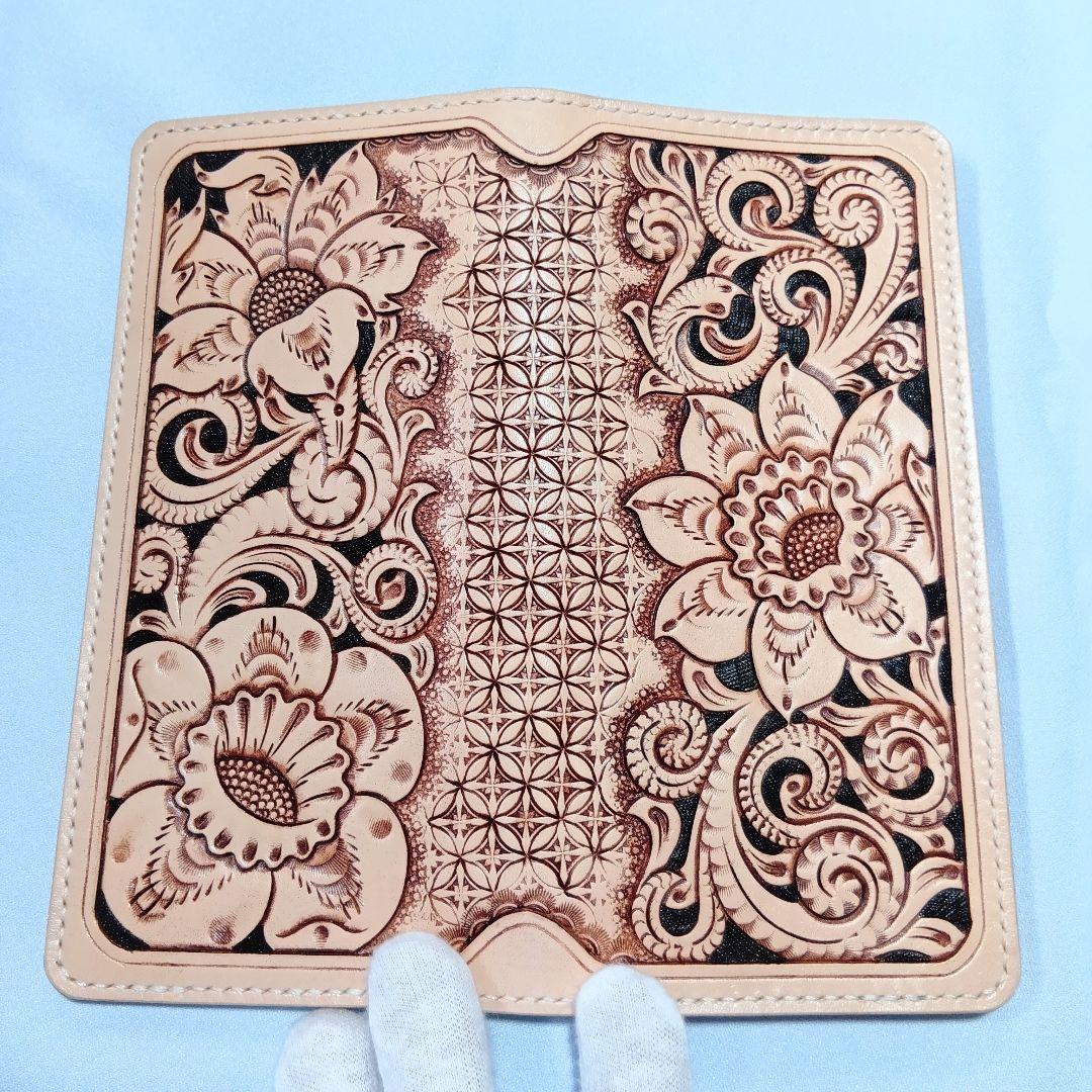ハンドメイド　レザーカービング　ロングウォレット　長財布　きなり