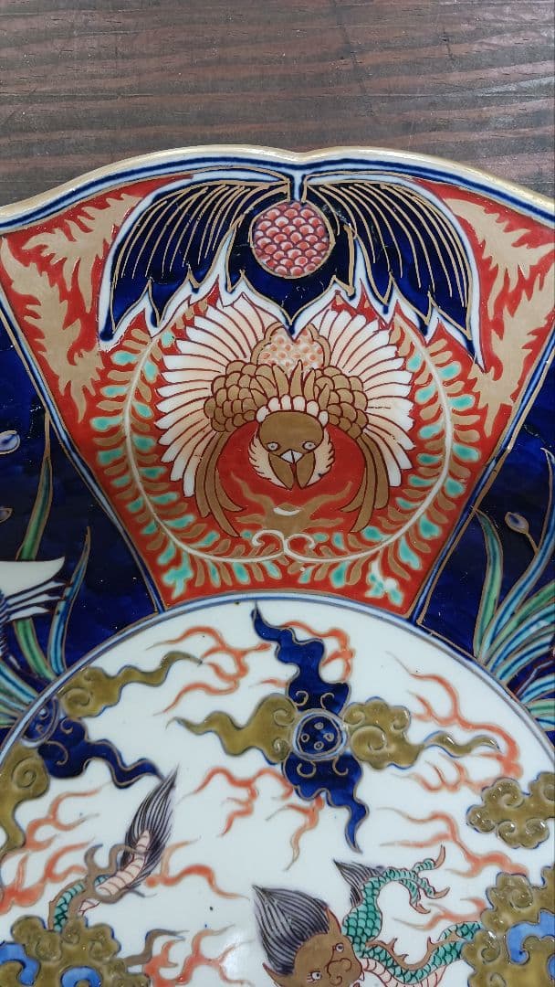 時代物古伊万里色絵錦手金襴手金彩【雲龍鳳凰？鷺図】大皿　冨貴長春　江戸期時代箱付
