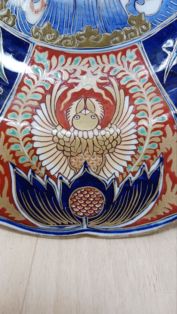 時代物古伊万里色絵錦手金襴手金彩【雲龍鳳凰？鷺図】大皿　冨貴長春　江戸期時代箱付
