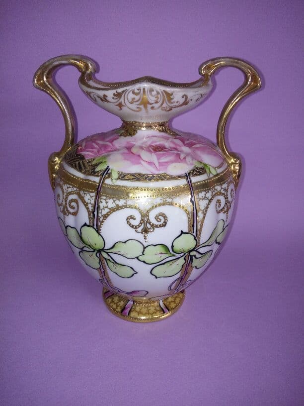 オールドノリタケ メイプルリーフ 金盛り バラ絵 ウィー ン世紀末 花瓶