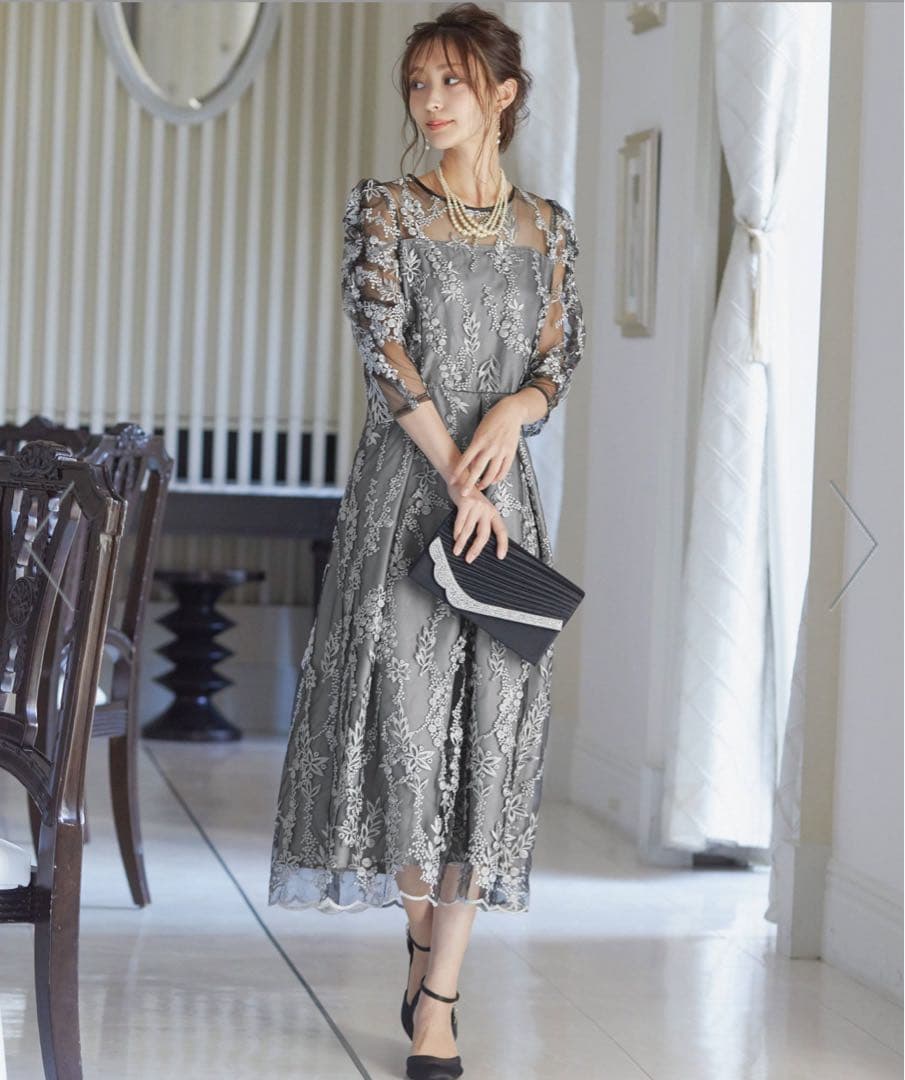 刺　レース　リボン　パーティー　結婚式　オケージョンドレス　黒　シルバー　グレー