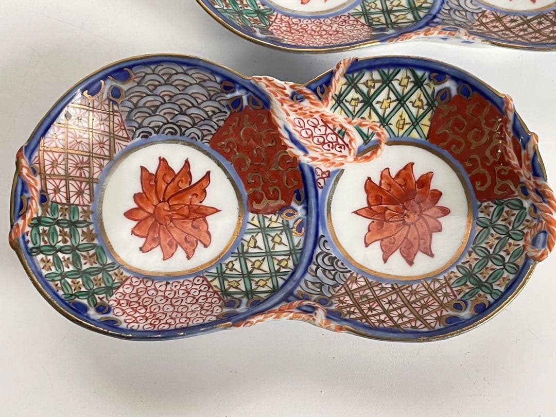 骨董　アンティーク　色絵　祥瑞　金襴手　双菊　瓢箪　向付　変形皿　2枚組
