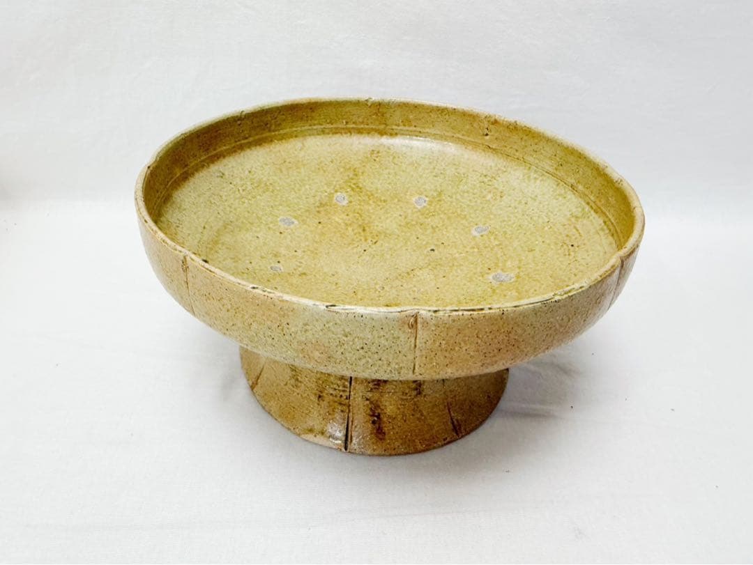 未使用 茶道具 那波鳳翔作 相生浦窯 黄伊羅保 高杯 菓子器 陶印 共箱