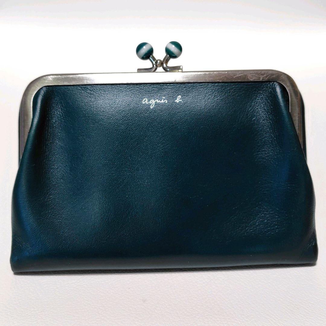 人気色✨　アニエスベー　折り財布　グリーン　レザー　がま口　プリントロゴ