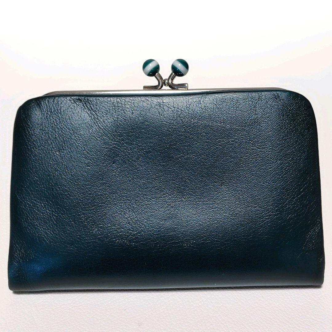 人気色✨　アニエスベー　折り財布　グリーン　レザー　がま口　プリントロゴ