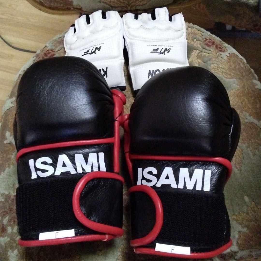 ISAMI 　空手　格闘技　キック　オープンフィンガーグローブ　 黒赤 サイズF