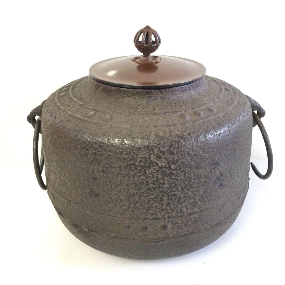 茶釜 万代屋釜 風炉釜 銘有 銅蓋釜環付 茶道具 L301