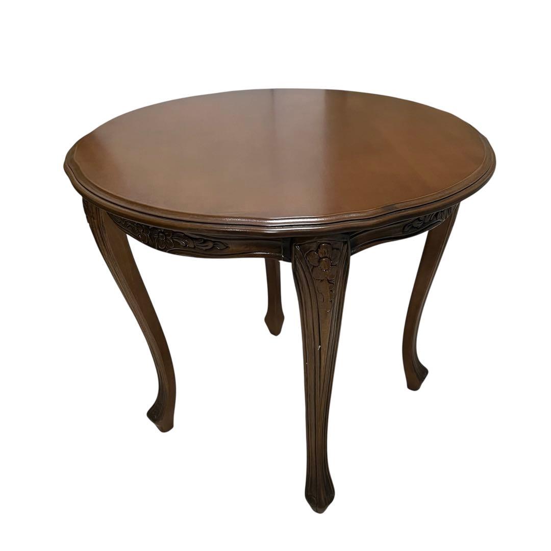 アンティーク調 コーヒーテーブル 猫脚 彫刻 花柄 ダークブラウン 円卓