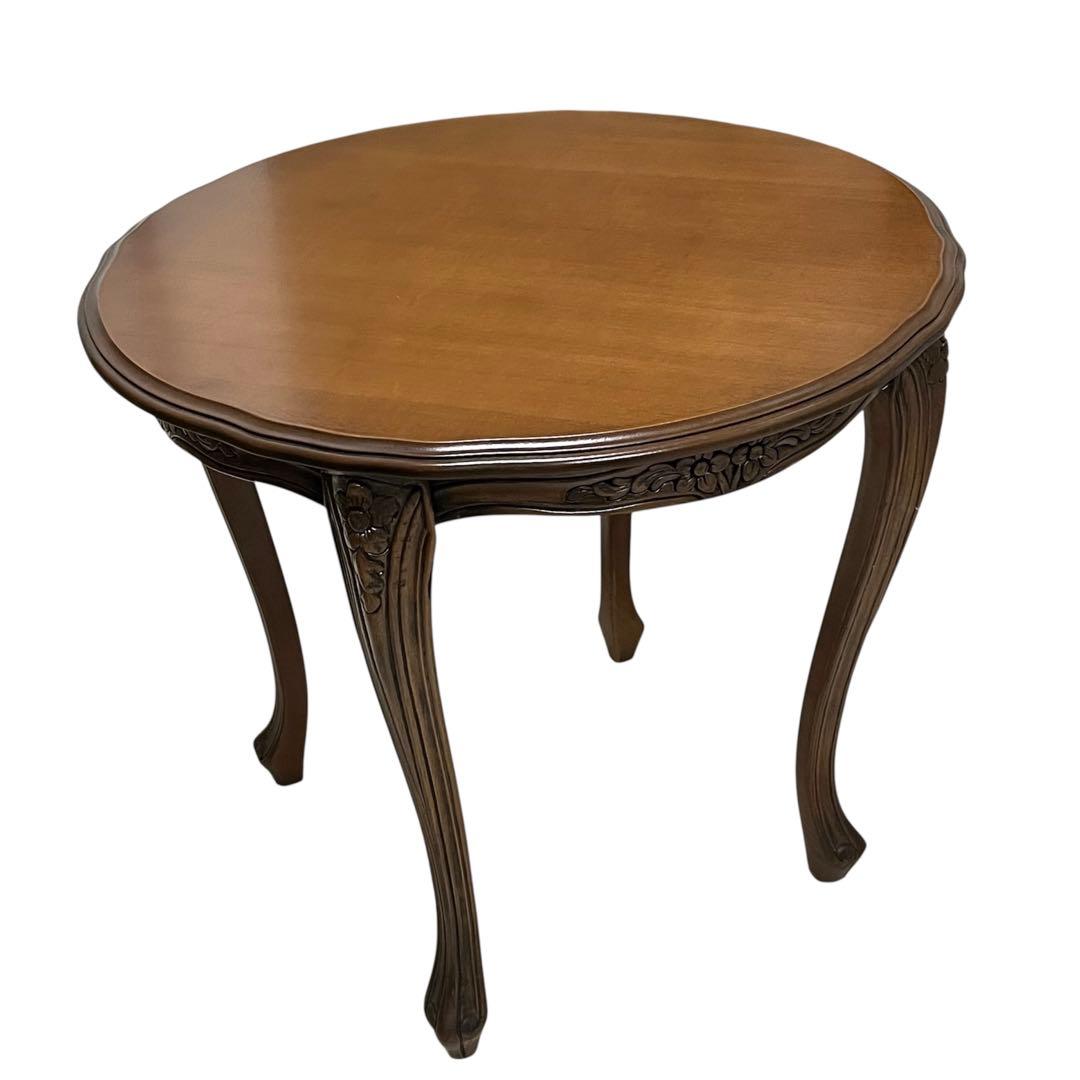 アンティーク調 コーヒーテーブル 猫脚 彫刻 花柄 ダークブラウン 円卓