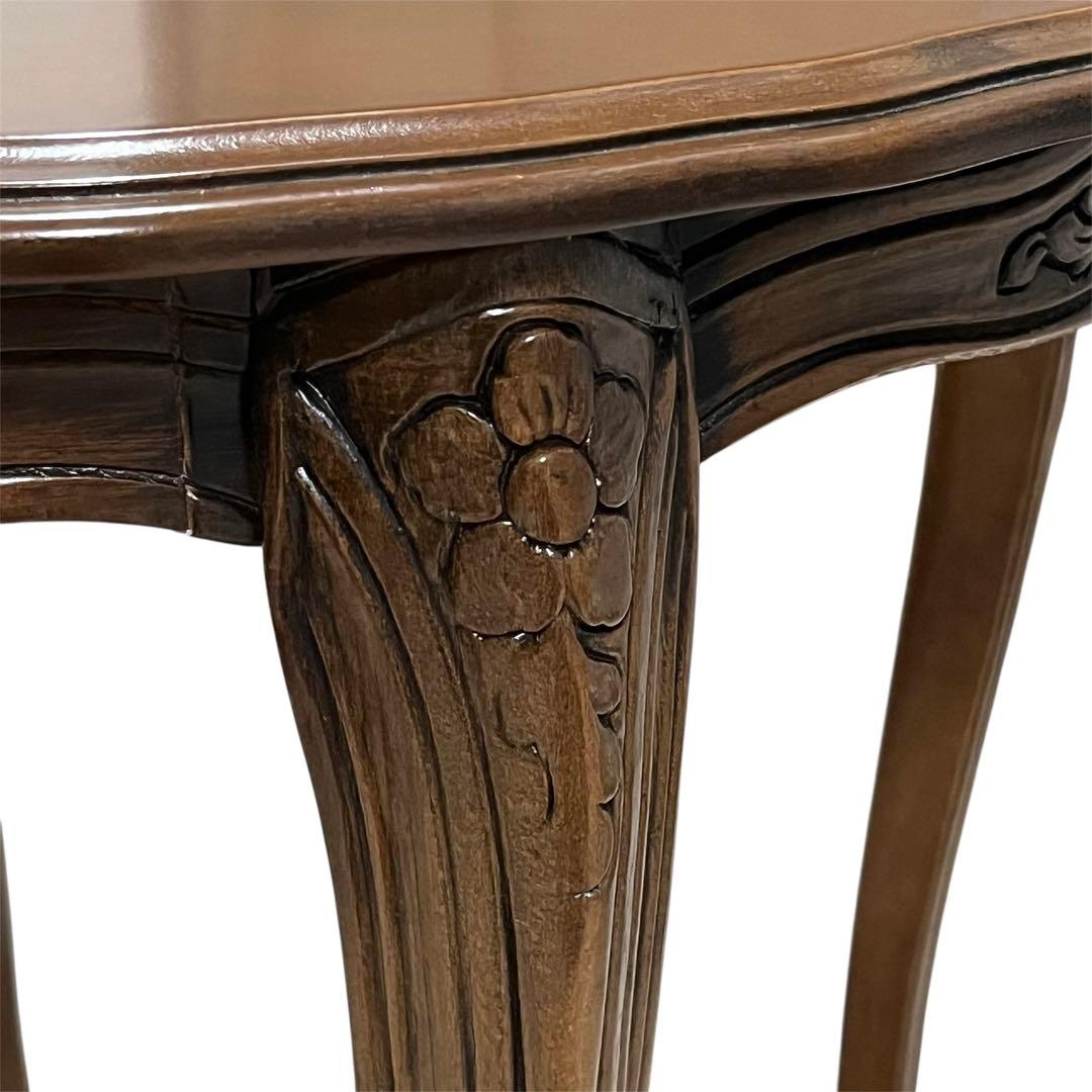 アンティーク調 コーヒーテーブル 猫脚 彫刻 花柄 ダークブラウン 円卓