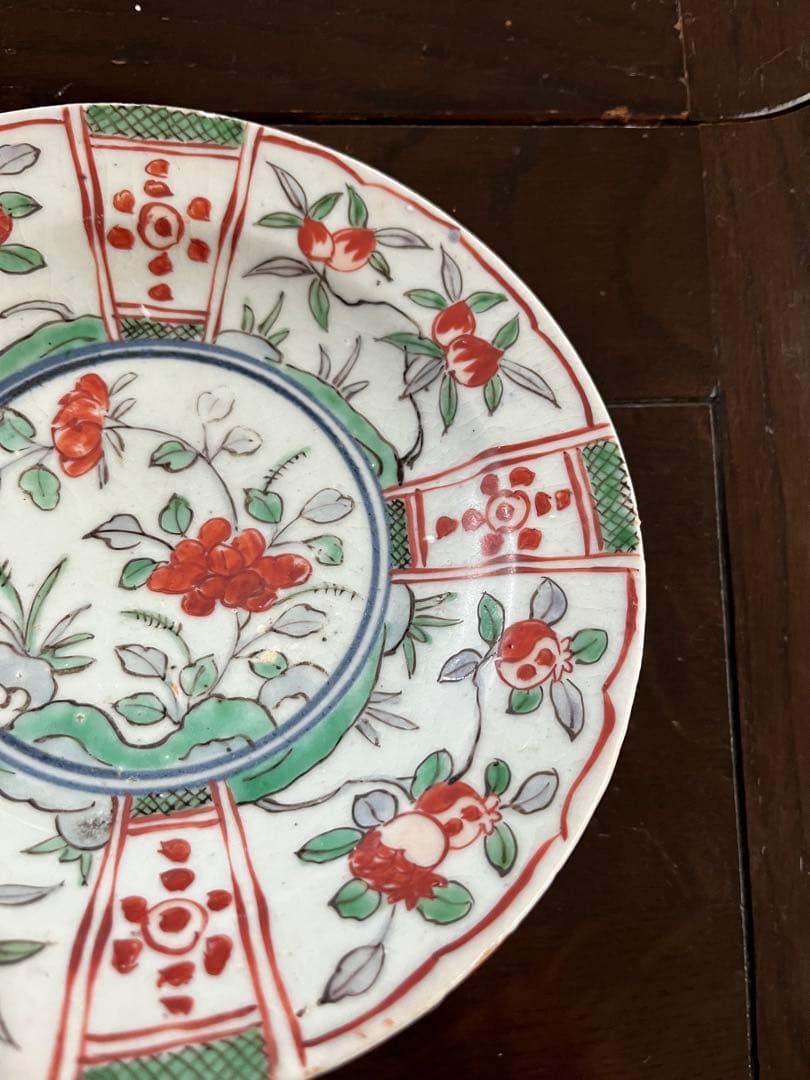 専用です‼️江戸初期　初期伊万里色絵　鍔皿　六寸　無傷　牡丹　柘榴　桃　芙蓉手