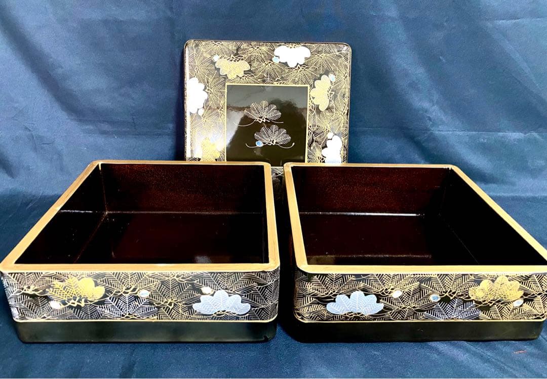 アンティーク 輪島塗 漆器セット 天然木 蒔絵 菓子椀5客 ,沈金 2段重箱