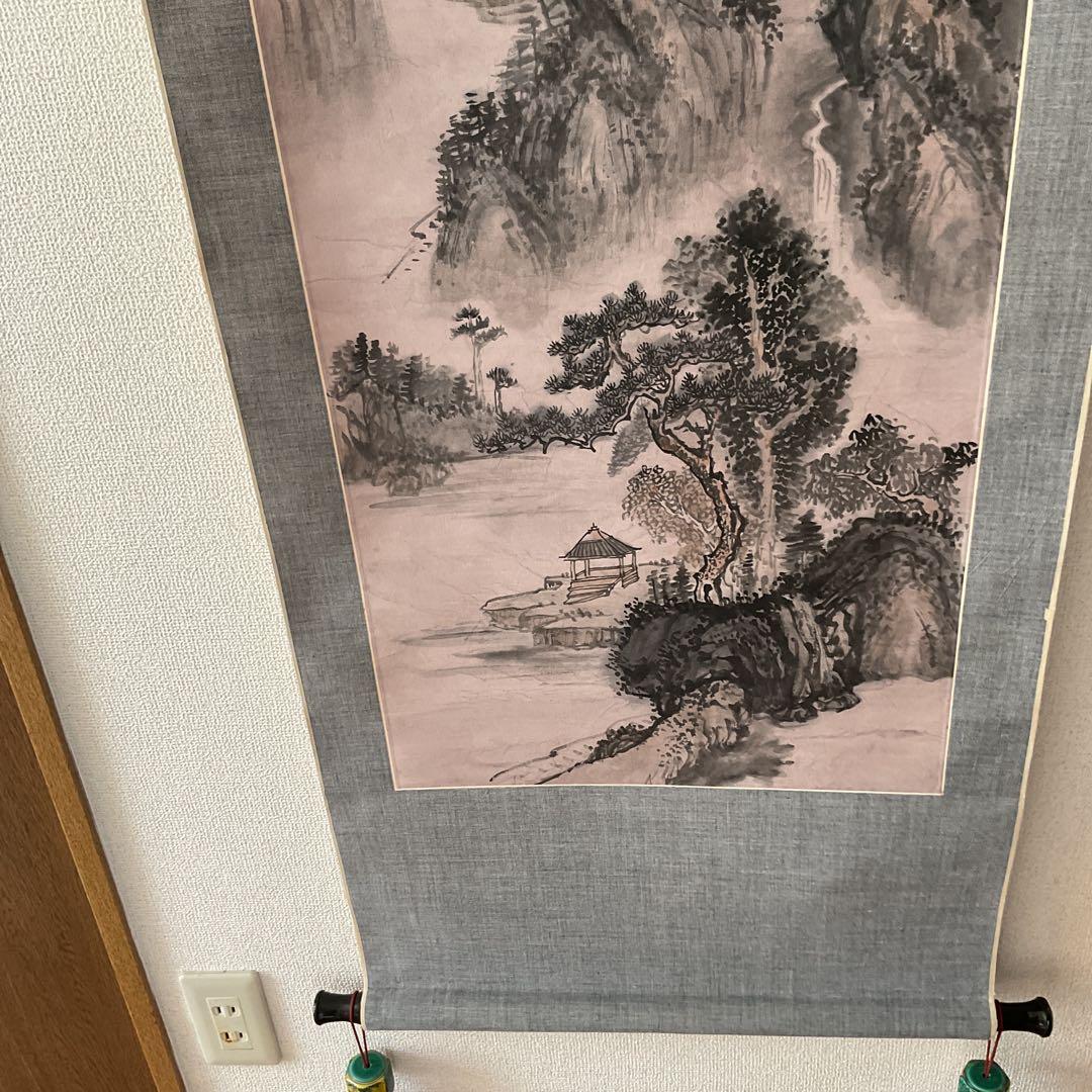 中国画 紙本淡彩水墨画 作者 年代不詳 軸先木細工軸