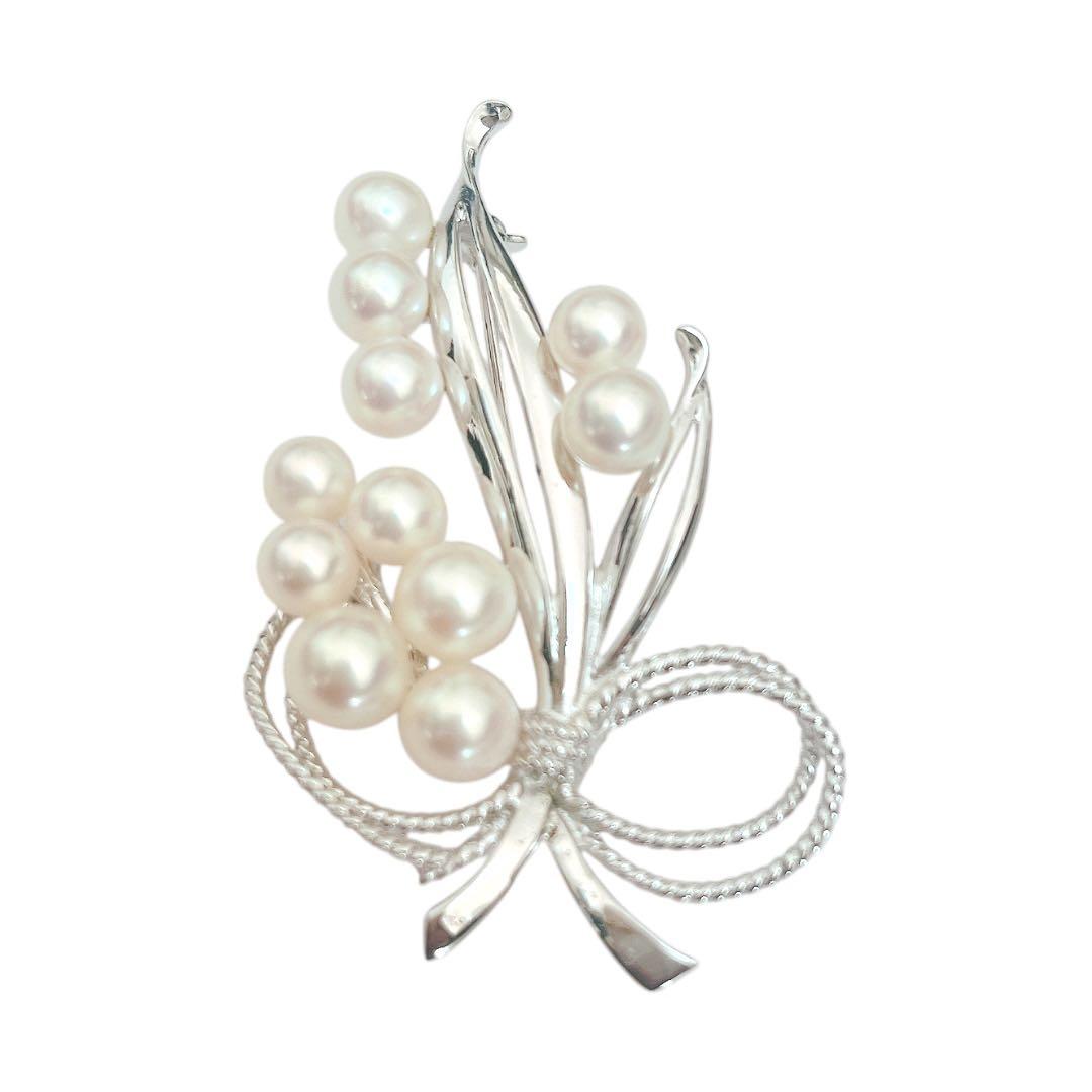 【極美品】MIKIMOTO パールブローチ 11珠 リボン シルバー あこや真珠