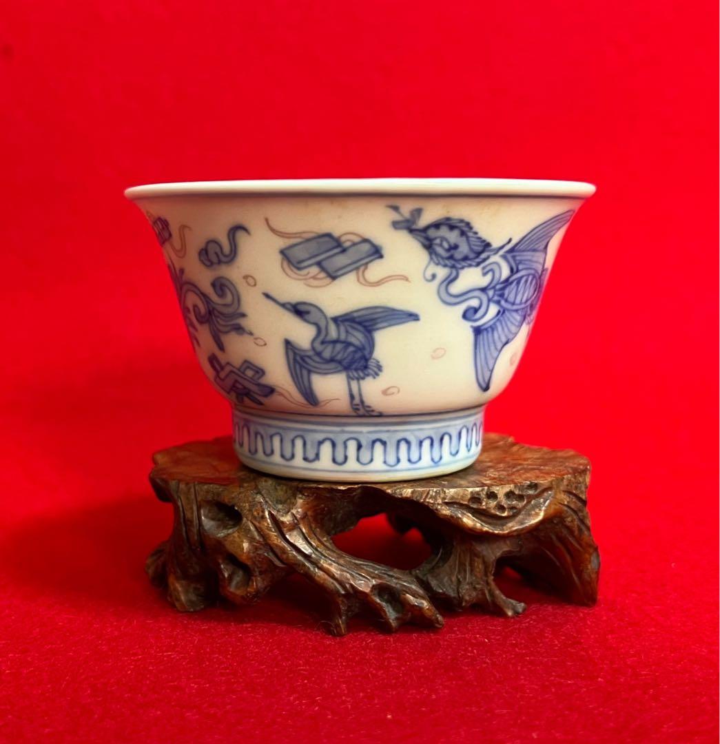 中国美術 古玩 大明成化年製 青花釉里紅 鳳紋樣茶圓 茶道具