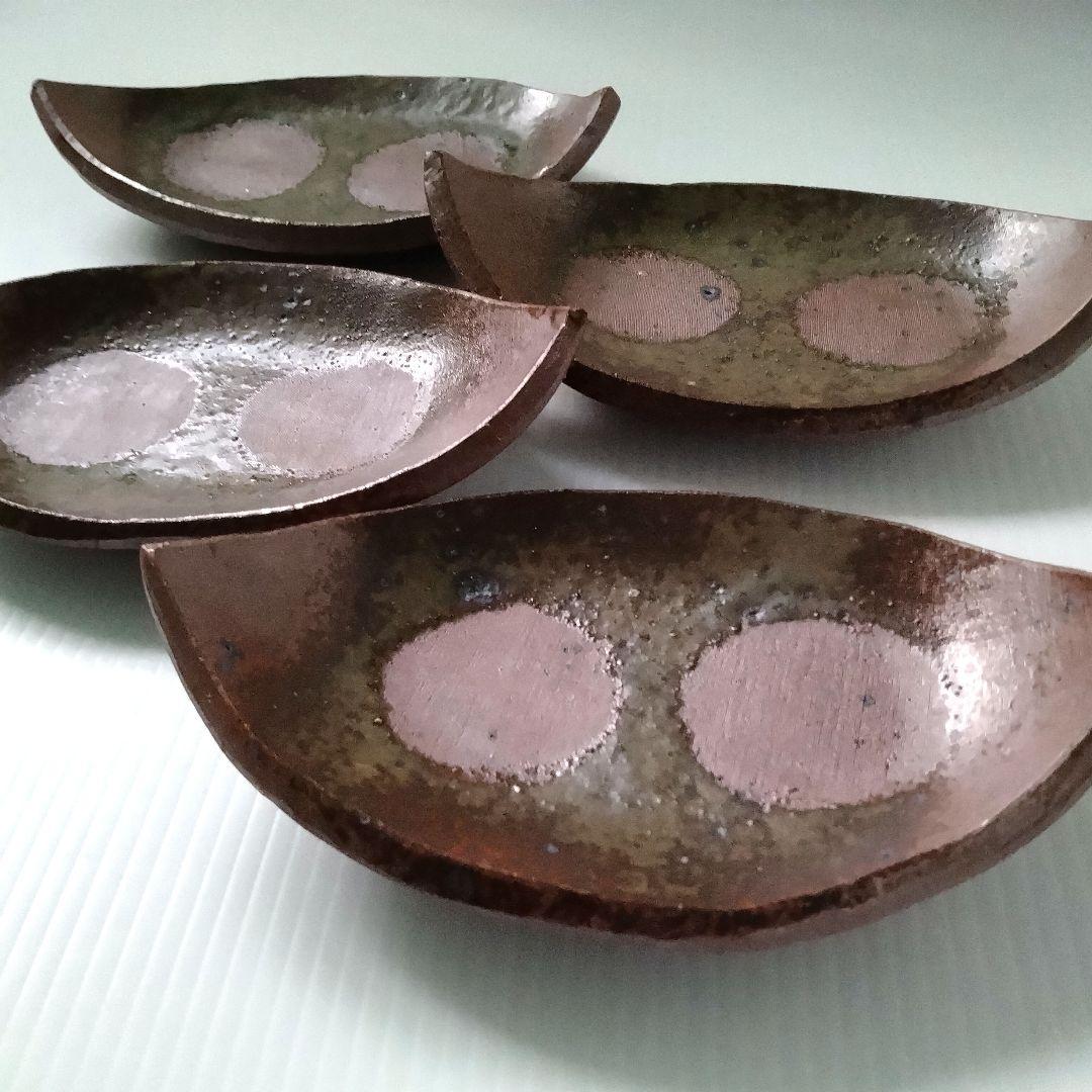 ② 備前焼 北大路魯山人写し 三つ足 舟形 長皿 和食器 足付き 4客