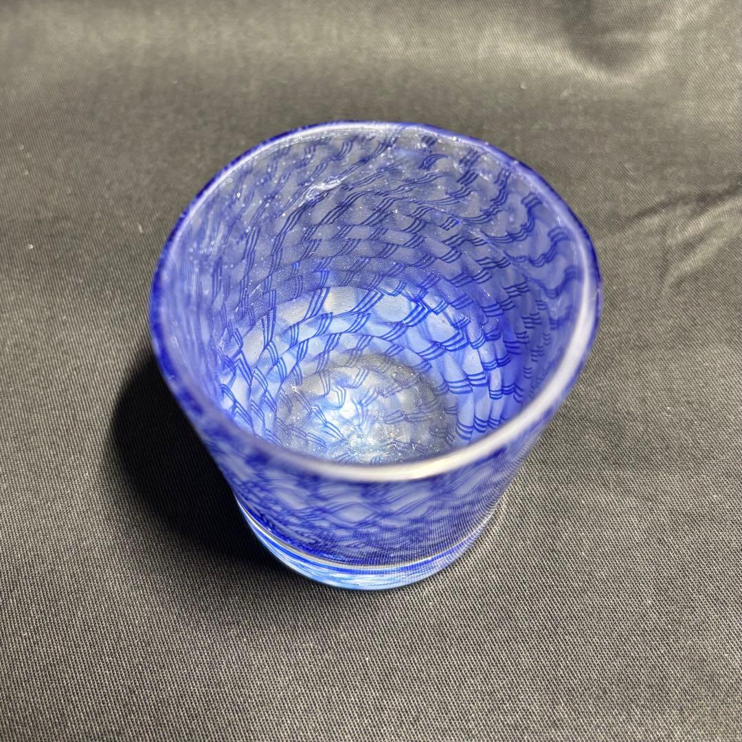 コアガラス　小暮紀一　冷酒杯　レース文様　青　ぐい呑　おちょこ　トンボ玉