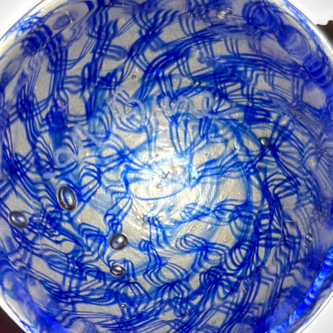 コアガラス　小暮紀一　冷酒杯　レース文様　青　ぐい呑　おちょこ　トンボ玉