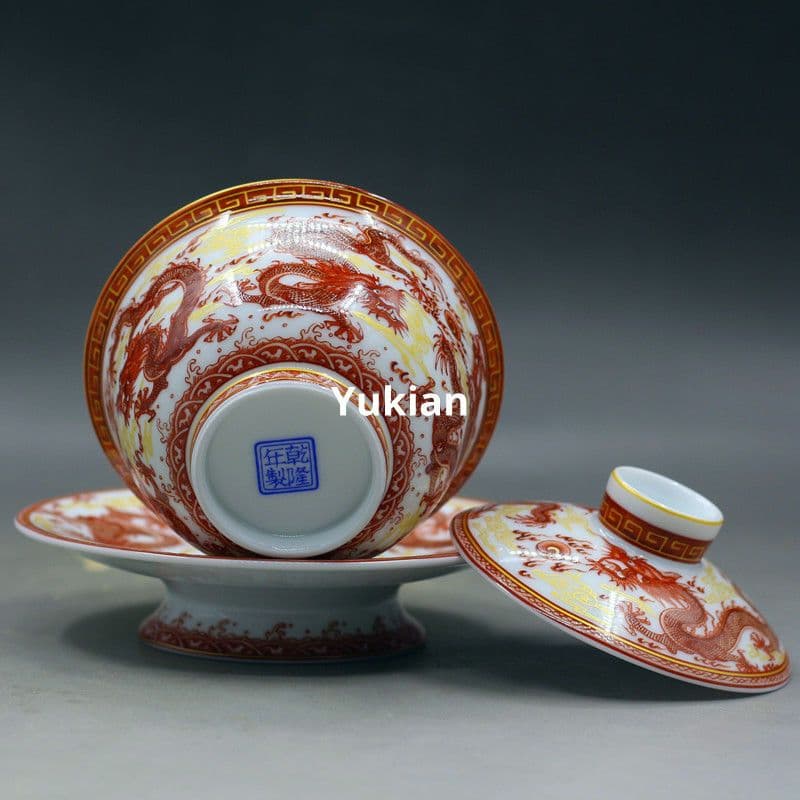 竜三才蓋碗 陶磁 茶器 茶碗 茶道具 香道具 装飾品 現代工芸品