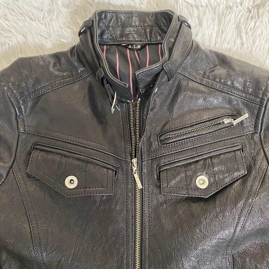 ASM ダブルジップ シングルライダース バイカー 山羊革