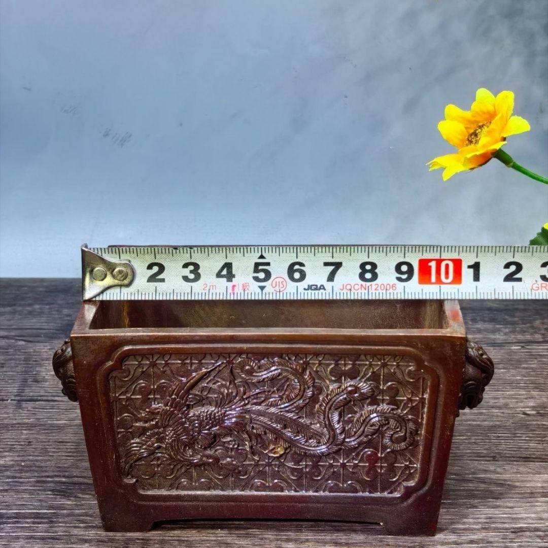 銅器 鳳凰紋獣耳長方炉 焼香炉 挿し香炉 仏具 馬槽炉 机頭炉 工芸品 置物