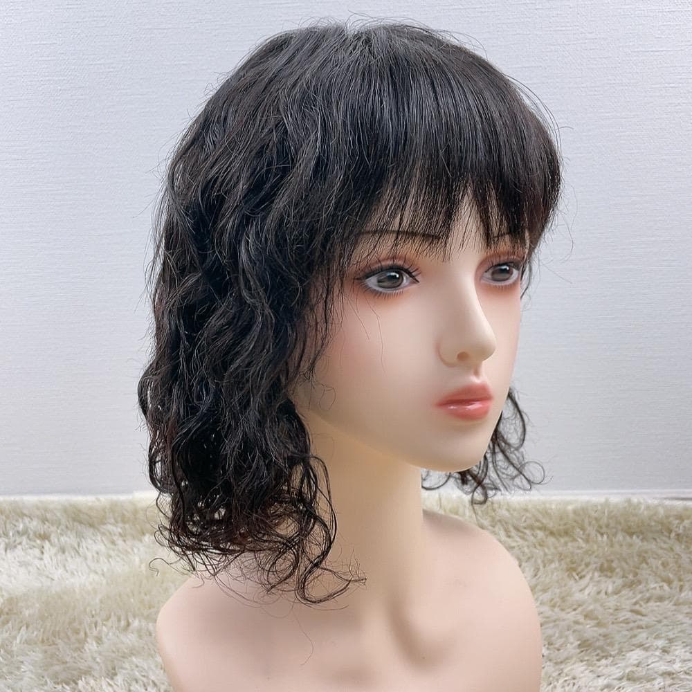 人毛100%フルウィッグ 医療用 ミディアム ウェーブ カール ブラックブラウン