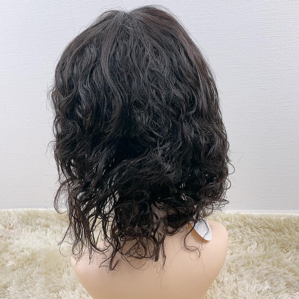 人毛100%フルウィッグ 医療用 ミディアム ウェーブ カール ブラックブラウン
