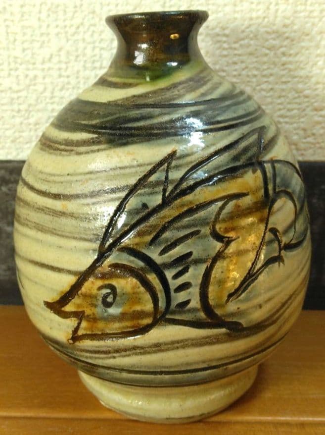 人間国宝 金城次郎 壷屋焼 徳利 栞 共箱 美品 壺屋焼 やちむん 笑魚紋徳利