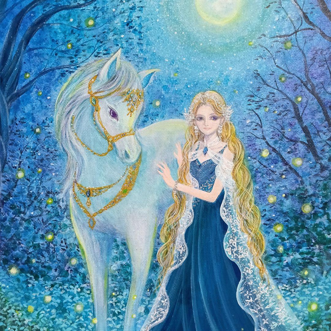 No.544 大きめF4size 白馬とエルフ アクリル画　原画　絵画