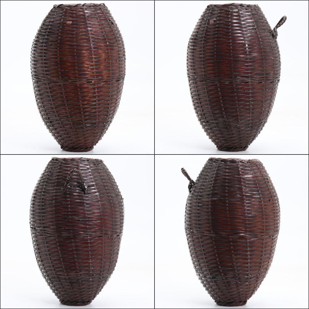 田辺竹雲斎作 壷形 掛花籠 古竹細工 共箱共布　rV750　DD