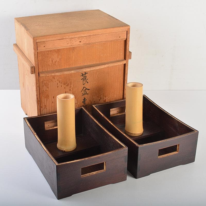 喫煙具　唐木斑竹細工　莨盆　煙草盆　一對　時代箱付　V　R7346B