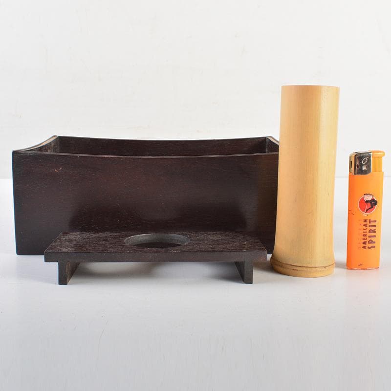 喫煙具　唐木斑竹細工　莨盆　煙草盆　一對　時代箱付　V　R7346B