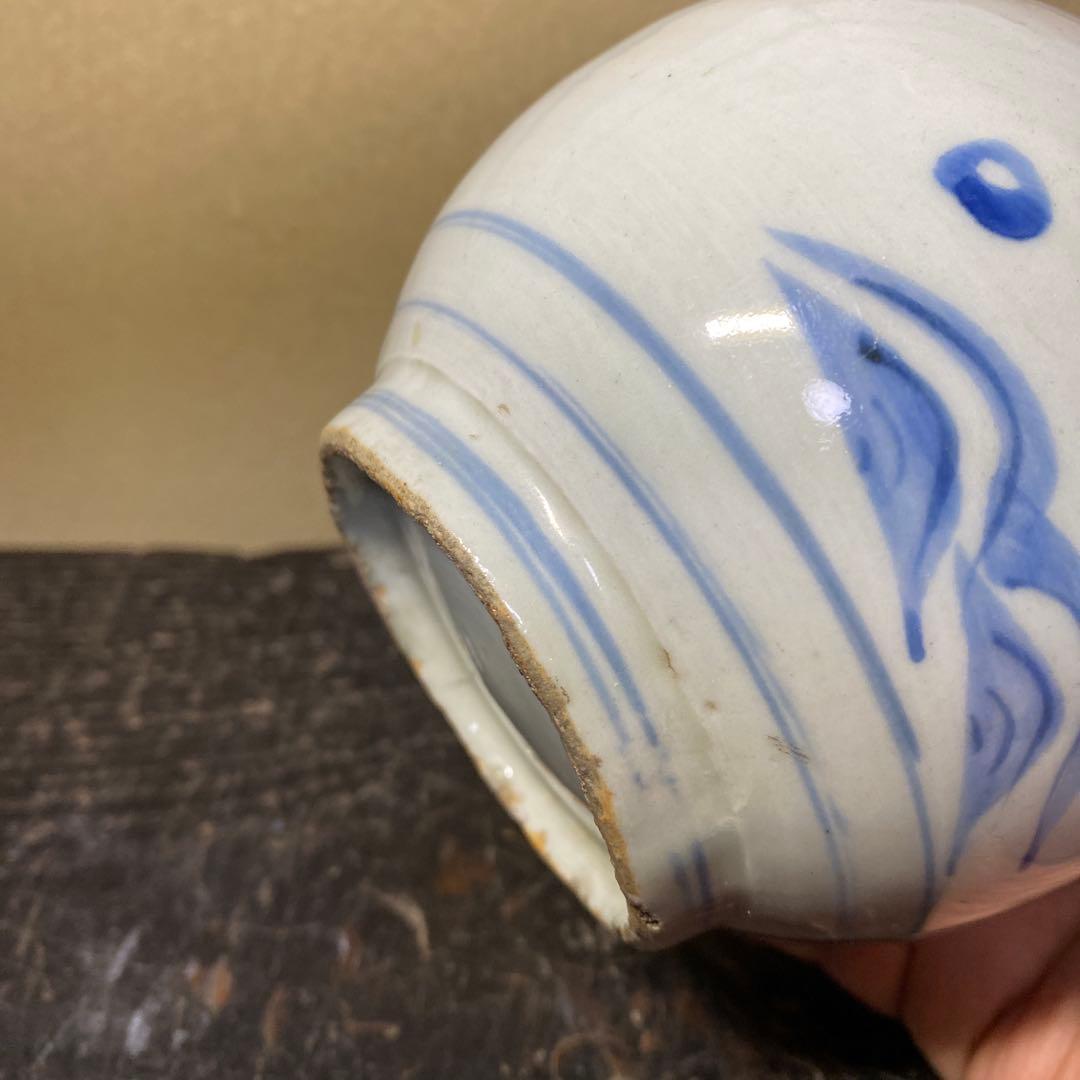 江戸時代　染付波千鳥丸徳利14.5cm10cm