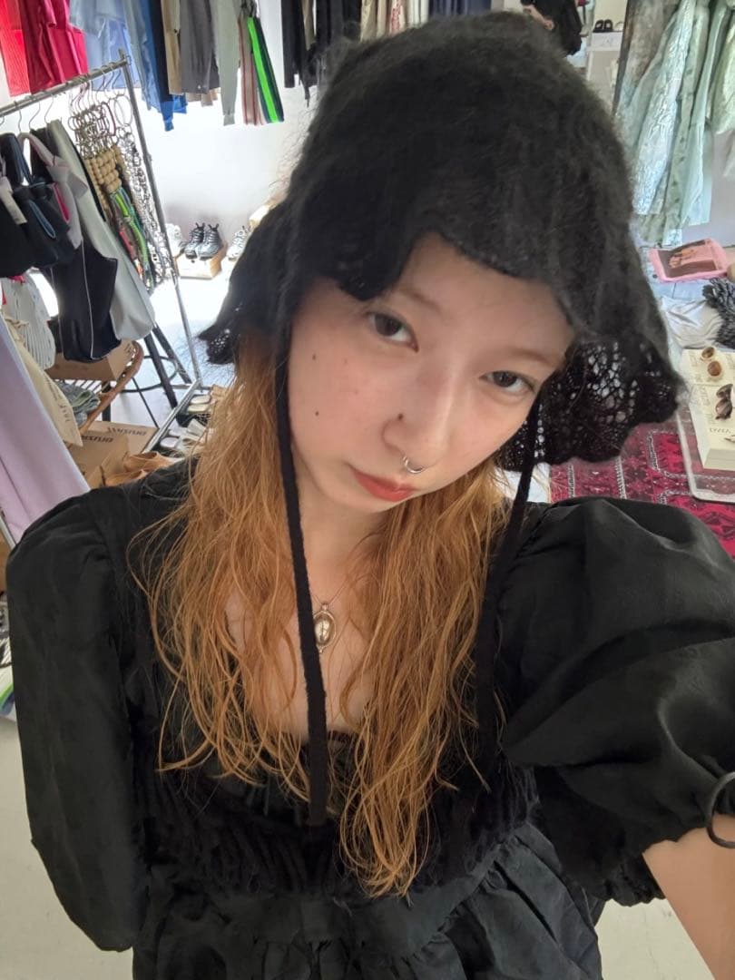 【美品】FUMIE TANAKA 2024aw / ニット レース ハット/黒