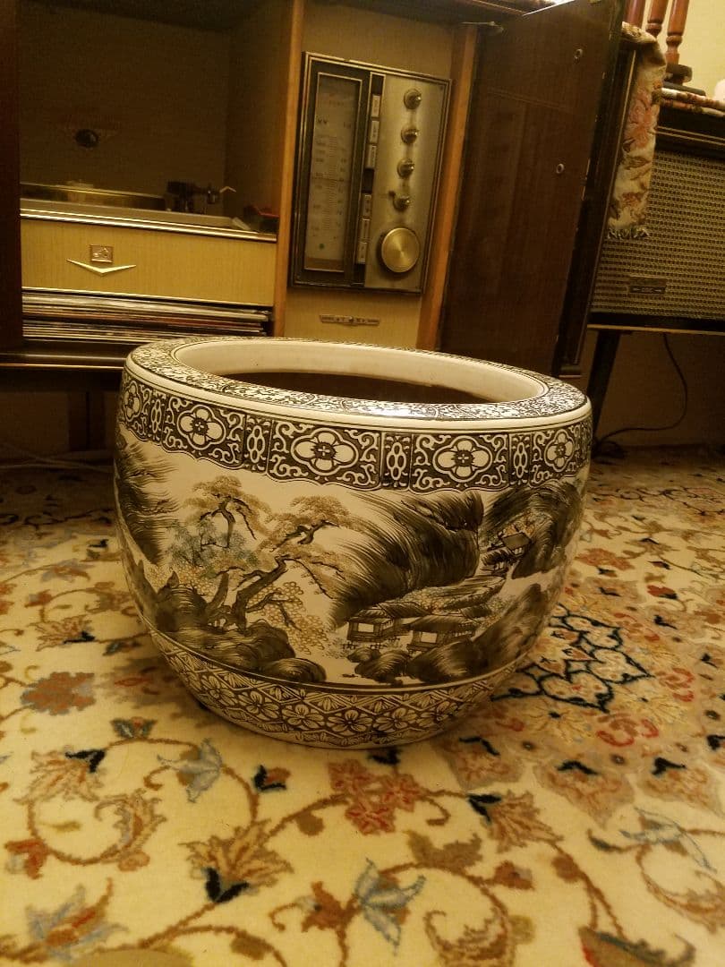 特大 火鉢 黒染付 骨董品 陶器 ガーデニング 金魚鉢 メダカ 水槽