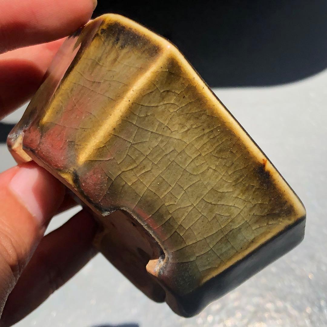 436.正子 窯変織布釉切角長方 盆栽鉢 7.6*6*3.7cm