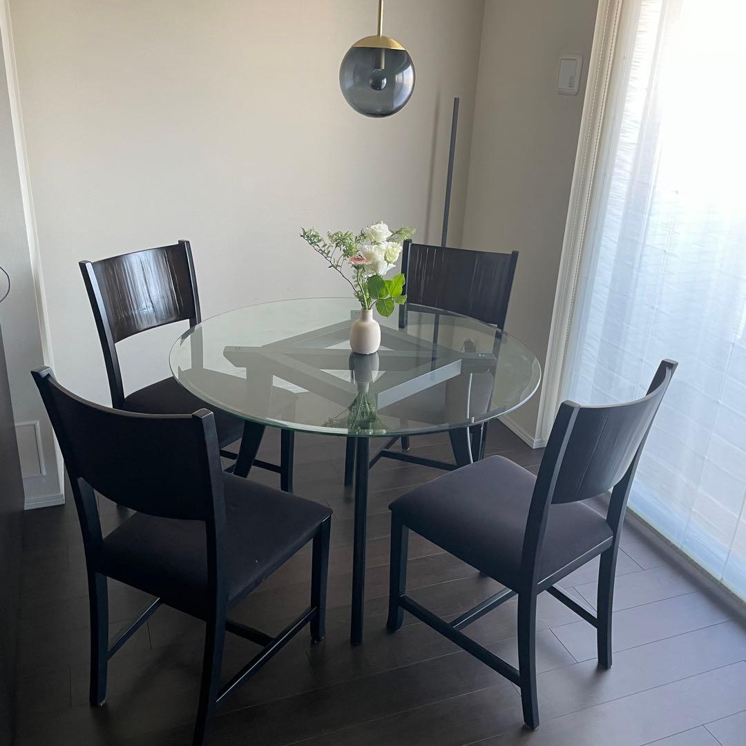 直径110cmガラスラウンド ダイニングテーブル & ダイニングチェア4脚セット