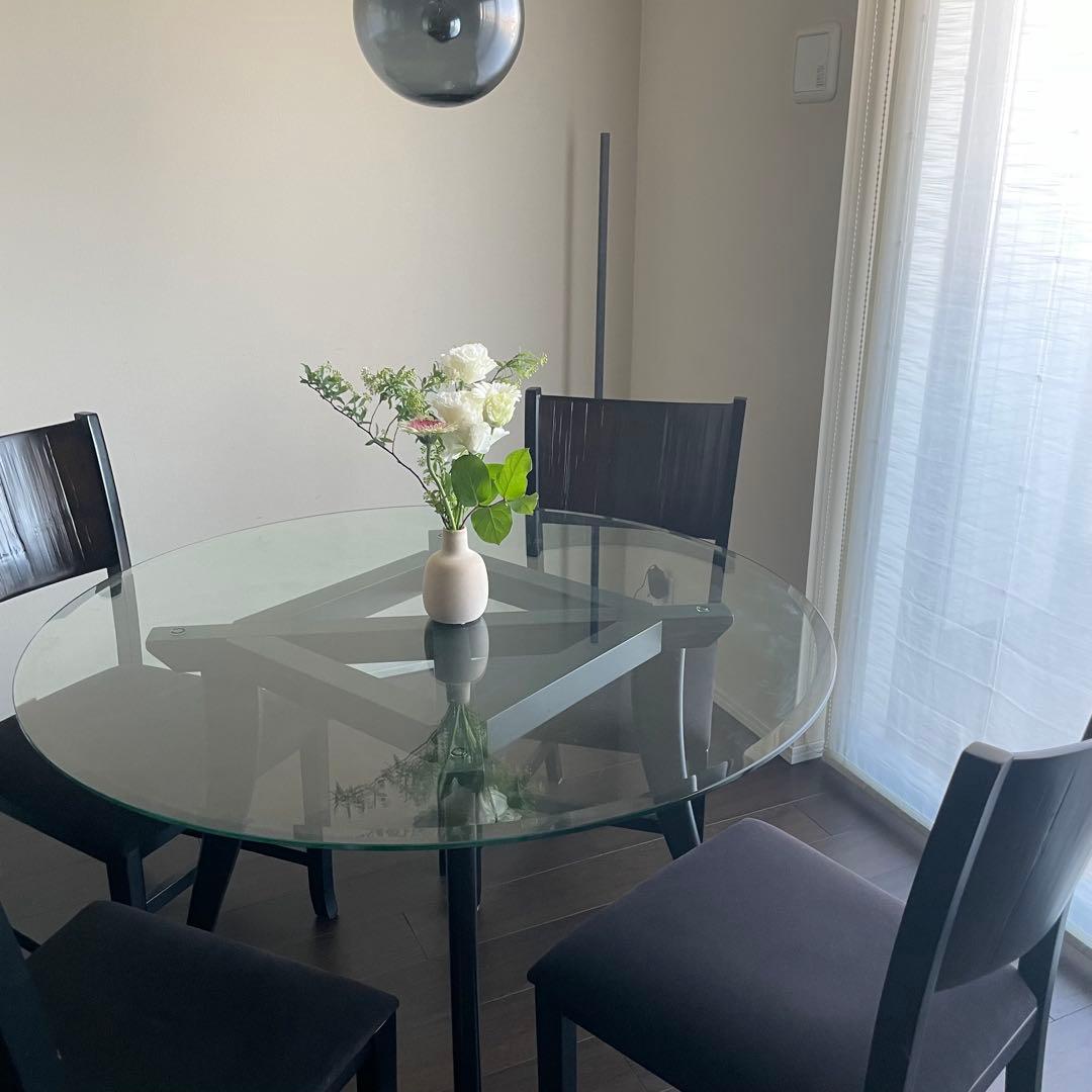 直径110cmガラスラウンド ダイニングテーブル & ダイニングチェア4脚セット