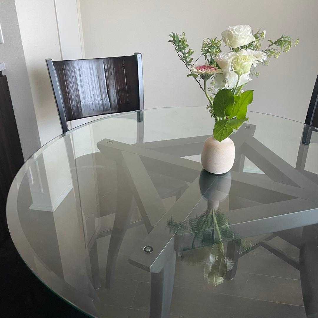 直径110cmガラスラウンド ダイニングテーブル & ダイニングチェア4脚セット