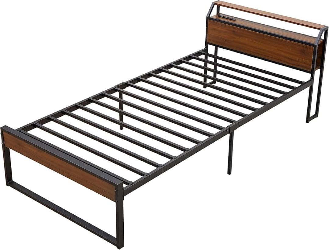 【大特価】ベッドフレーム シングル 2口コンセント&USB充電付きスチールベッド