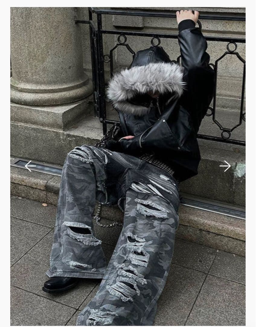 フード付きレザージャケット ダメージ加工