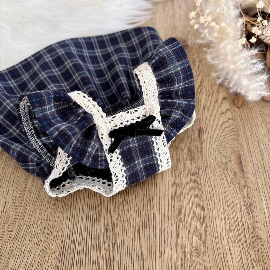 ハンドメイド　ネイビーミックスチェック　フリルワンピース